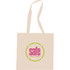 A beige cotton tote bag featuring a round logo in pink and green. It has two shoulder straps.
