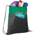 A green and black drawstring sportspack with a frisbee, sunglasses, a shirt, and brochures inside. It features a logo.