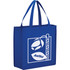 A blue non-woven shopper tote with sturdy handles and a logo on one side.