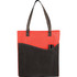 A red and black non-woven tote bag featuring a curved design and a front pocket with pens.
