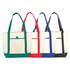 Four Lighthouse Non-Woven Boat Totes in green, red, blue, and black, featuring long handles and a front pocket.