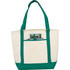 A cream tote bag with green handles featuring an interior pocket and a logo on the front.