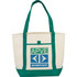 A non-woven tote bag in cream with green handles, featuring a logo and graphic details on the front.