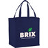 A navy blue non-woven shopper tote bag with two handles and a logo. Suitable for carrying various items.