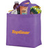 A purple non-woven tote bag filled with various products, featuring a logo on the front.