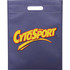 A dark blue non-woven tote bag with a top handle and a logo printed on the front.