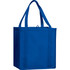 A blue non-woven grocery tote bag with sturdy handles and a square shape. Features a logo on the side.