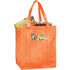 An orange insulated grocery tote filled with snacks and drinks, featuring a front pocket. It has a logo visible.