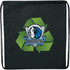 A black drawstring sportpack featuring a logo and a green recycling symbol on one side.