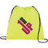 A bright yellow drawstring sportpack with black drawstrings and a logo printed in pink and black.