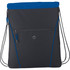 A black drawstring bag with a blue top and a zippered front pocket, featuring a logo.