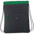 A black drawstring bag with a green top, featuring a front zip pocket and a logo.