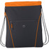 A black drawstring bag with an orange top, featuring a zipped front pocket and a logo.
