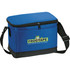 A blue cooler bag with a black base and a shoulder strap, featuring a logo on the front.