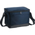 A navy cooler bag with a zippered top and an adjustable strap, featuring a front pocket and a black base.