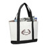 A large white and black tote bag with a logo, filled with newspapers and magazines.