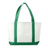 A large tote bag in white with green handles, featuring a logo on one side.