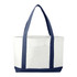 A large tote bag in white with navy blue handles and base, featuring a front pocket and a logo.