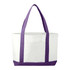 A large tote bag in white with purple handles and base, featuring a logo. Suitable for carrying various items.