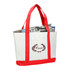A large white tote bag with red handles, featuring a logo and holding newspapers inside.