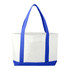 A large tote bag in white with blue handles and trim, featuring a simple design and a logo.