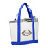 A large tote bag in white with blue handles and a logo, filled with newspapers.
