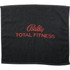 A grey gym towel featuring red embroidered text and a logo. Ideal for leisure and outdoor activities.