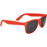 A pair of red sunglasses with dark lenses and a logo on the side. Ideal for leisure and outdoor activities.