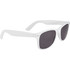 White sunglasses with dark lenses, featuring a simple design and a logo on the side. Suitable for leisure and outdoor activities.