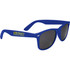 Blue promotional sunglasses with dark lenses and a logo on the side. Ideal for leisure and outdoor activities.