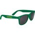 Green sunglasses with dark lenses, featuring a logo on the side. Ideal for leisure and outdoor activities.