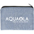 A recycled cotton twill pouch in blue with a zip closure and a logo on the front.