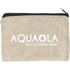 A recycled cotton twill pouch in a natural beige colour with a zipper and a logo on the front.