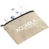 Recycled cotton twill pouch in beige with a logo, containing a charger and earphones.