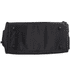 A black duffle bag with a textured surface, featuring a zip closure and a logo.