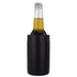 A drink bottle holder in black, designed to keep beverages cold, featuring a stainless steel bottle inside.