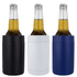 Three cylindrical can holders in black, white, and navy blue, each holding a glass bottle. Each holder has a simple design and a logo.