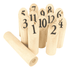 A set of wooden skittles numbered 1 to 12, with one larger wooden throwing pin beside them.
