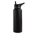 A drink bottle in matte black with a straw lid and a stainless steel finish. Features a logo on the body.