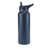 A drink bottle in navy blue with a black spout lid and a logo on the body.