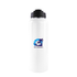 A drink bottle in white featuring a logo and design with palm trees, suitable for hydration.