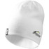 A white knit beanie with a logo on the front, designed for unisex wear.
