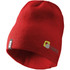 A red knit beanie featuring a logo, suitable for unisex wear.