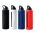 A drink bottle with a sleek design, available in black, white, blue, and red, featuring a zippered section and a lid.