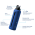 A drink bottle in blue with a flip top lid, carry handle, and protective silicone sleeve. Features a logo.