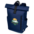 A navy roll-top backpack with a logo, featuring a spacious main compartment and side pockets.