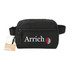 A black fanny pack featuring a front zip pocket and a logo, made from recycled materials.