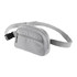 A grey recycled sport fanny pack with a zippered front pocket and an adjustable strap. It features a logo.
