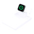 A white wireless charging pad with a holder for an iWatch, featuring a simple design and a charging indication.