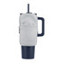 A drink bottle pouch in grey featuring a zippered pocket and a straw, designed to fit a dark blue drink bottle.